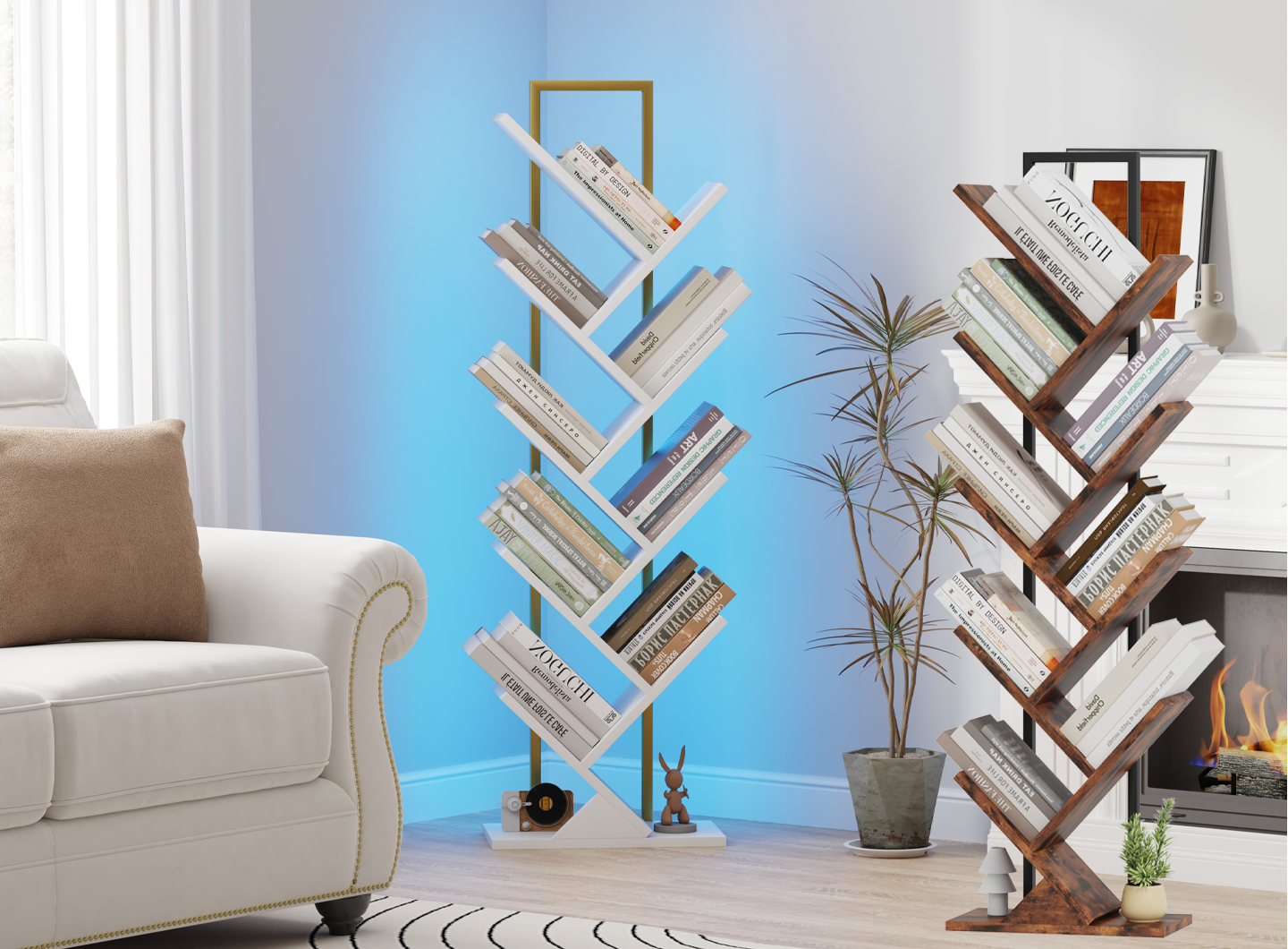 Amazon.com: Qupui Tree Book Shelf with LED Lights, 9 Tier Floor Standing  Bookcase, Classical Corner Shelf Kids Bookshelf, Tall Wood Book Storage for  Bedroom, Living Room, Home Office, Brown : Home &