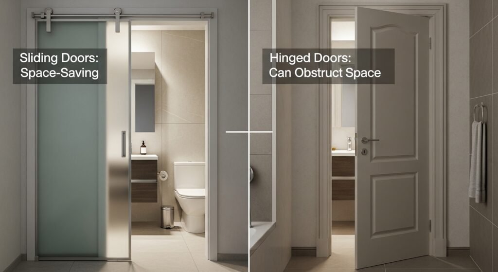 Sliding Doors vs. Hinged Doors for Narrow Bathrooms Sliding Doors vs. Hinged Doors for Narrow Bathrooms